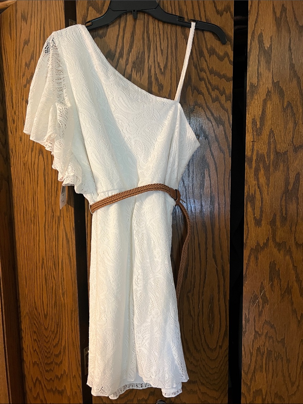 Trixxi White One-Shoulder Lace Dress with Braided Brown Belt